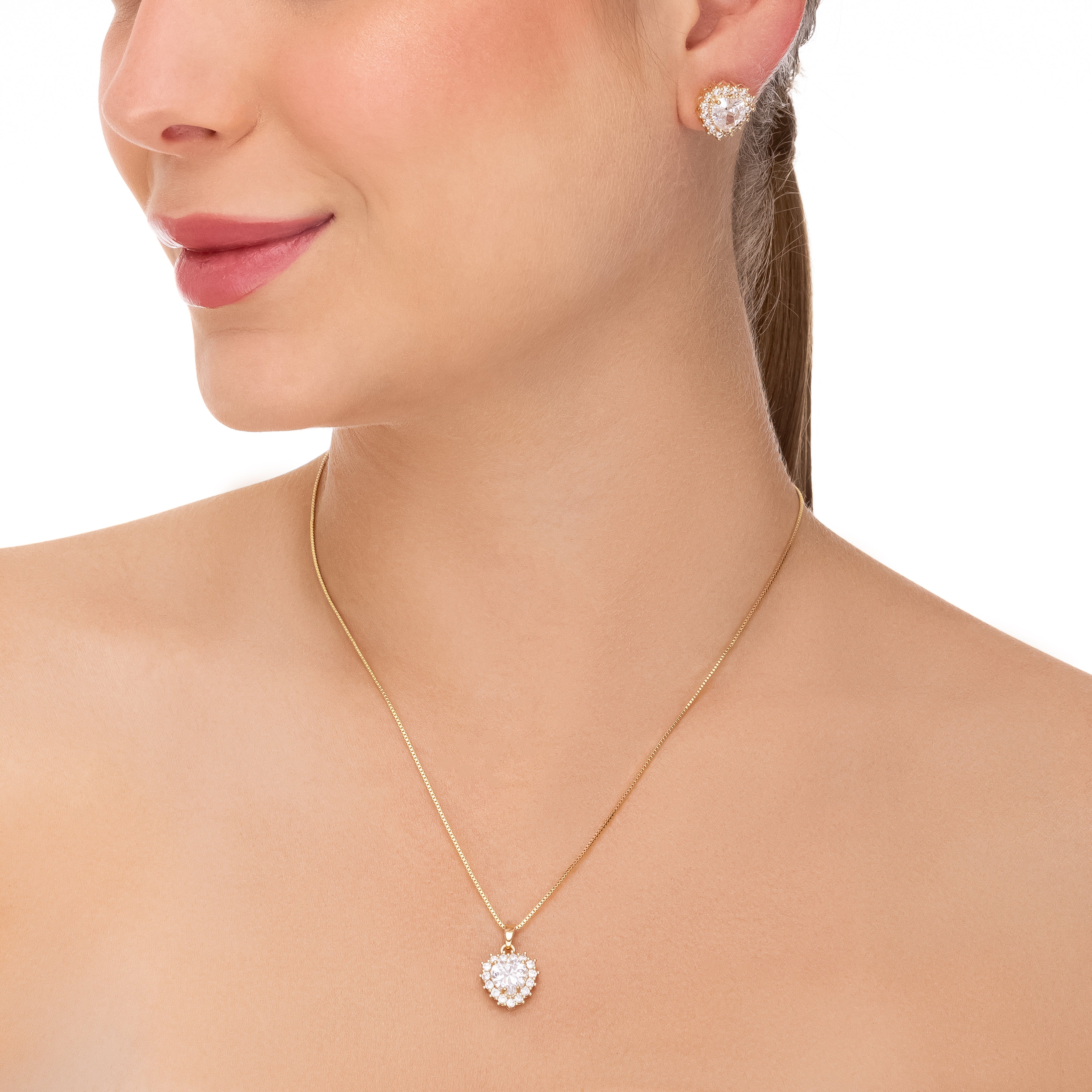 Conjunto Corrente Veneziana Brinco e Pingente Cravejado com Coração de Zircônia Banhado a Ouro 18k
