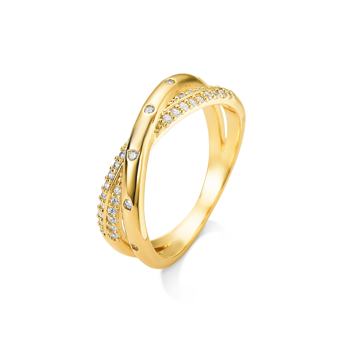 Anel X com Pontos de Zircônia Banhado a Ouro 18k